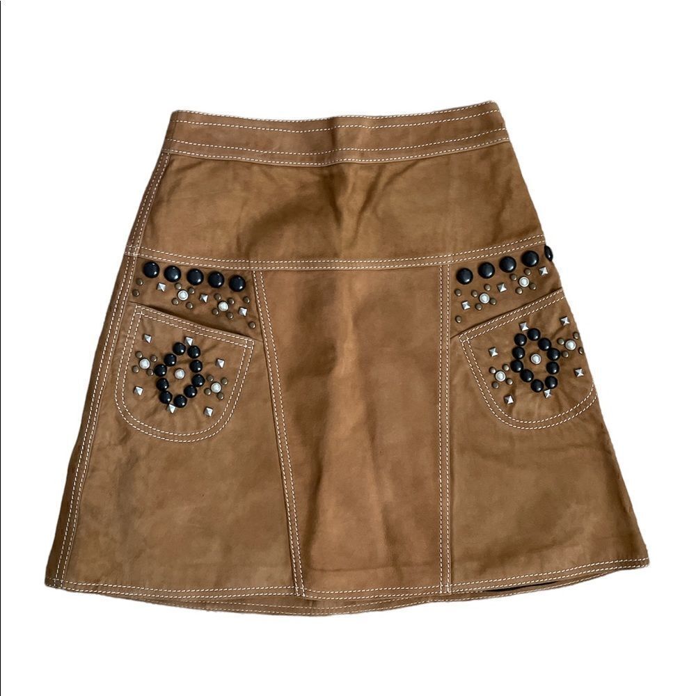 Coach Lamb Suede High Waisted Western Studded Mini Skirt Brown Tan Size 2 NWOT